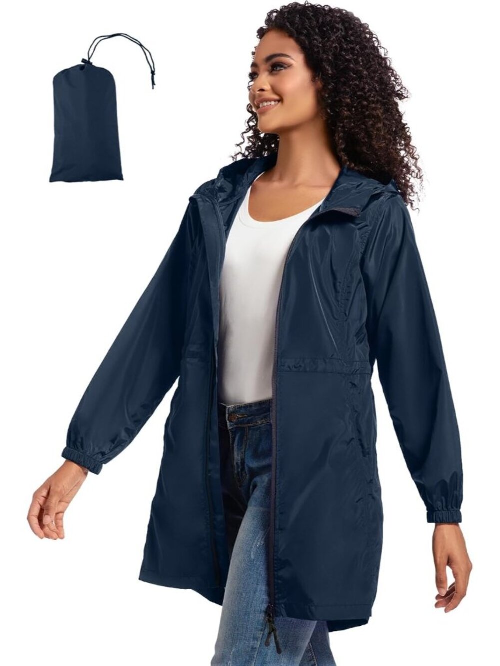 Women's Navy Hooded Waterproof Drawcord Waist Zip Pockets Packable Trench Coat